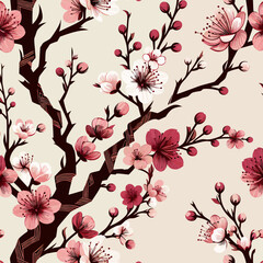 Seamless pattern of stylized Japanese cherry blossom branches with pink and white flowers.