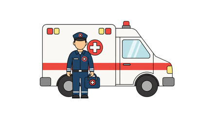 An illustrated paramedic stands confidently next to an ambulance, ready to provide medical assistance and emergency care, representing healthcare and rescue services.