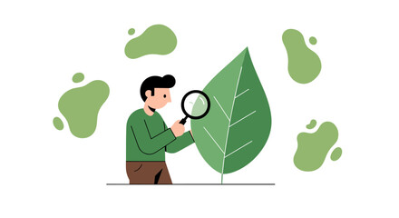 An illustrated man examines a large green leaf with a magnifying glass, exploring its details, set against a clean, white background with abstract green shapes.