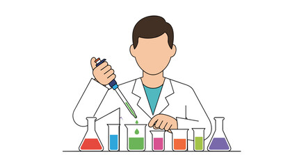An illustration depicts a scientist in a lab coat using a pipette to conduct an experiment with colorful solutions in beakers and flasks, representing scientific research.