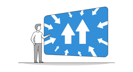 A minimalist illustration depicts a man presenting a blue screen with upward arrows, symbolizing growth, progress, and direction within a business or technological context.