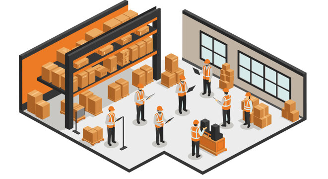 Isometric warehouse team managing inventory with digital tools