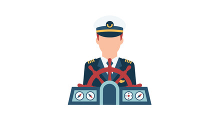 A flat illustration depicts a captain in a navy uniform at the helm of a ship, navigating with nautical instruments and a steering wheel, isolated on a white background.