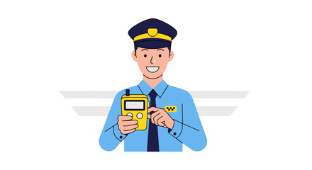A cheerful cartoon security guard, wearing a uniform and cap, holds a yellow walkie-talkie, conveying safety and communication in a clean, white background.