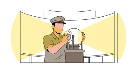 An illustration depicts a lighthouse keeper in uniform adjusting the large lamp within a lighthouse, with the surrounding environment illuminated by beams of light.