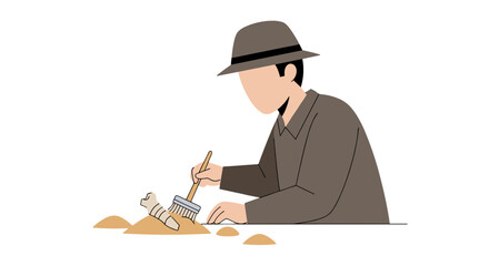 An illustrated archaeologist meticulously brushes away sand to uncover a fossilized bone, symbolizing discovery and exploration in a minimalist flat design style.