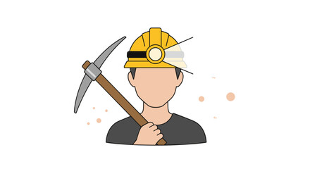 An illustration of a miner wearing a hard hat with a headlamp, holding a pickaxe, representing the mining industry and concept of labor.