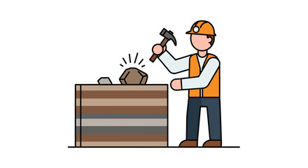 An illustrated miner in a hard hat, vest, and work clothes uses a hammer to break a rock on a layered wooden table, representing the mining industry.