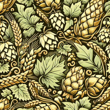 Intricate golden hops and barley botanical seamless pattern with green leaves vintage illustration style.