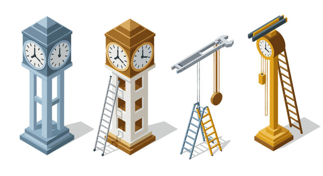 Vintage clock towers with tools in isometric style for timekeeping themes