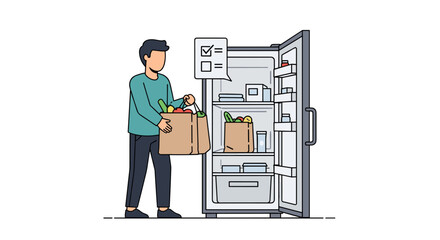 A person is putting groceries into a refrigerator, showcasing a healthy lifestyle and the concept of food storage in a modern kitchen environment with a clean, minimalist style.