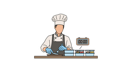 A chef in uniform prepares food with precision in a commercial kitchen setting, utilizing a cutting board and containers, with a timer indicating the start of the cooking process.