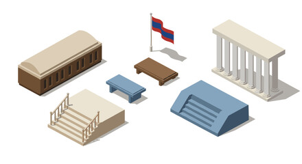 Isometric armenian cultural landmarks with flag highlighting iconic structures