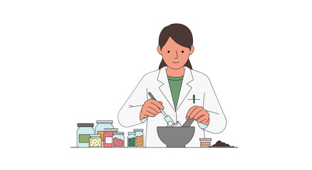 A female pharmacist in a white lab coat carefully mixes ingredients in a mortar and pestle, surrounded by various medicine bottles in a clean, minimalist style.