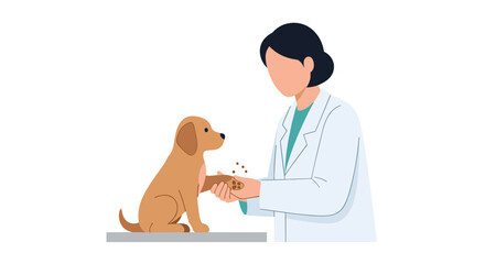 A veterinarian in a white coat examines a golden retriever puppy's paw, providing veterinary care and checking the dog's health in a clean, minimalist illustration.