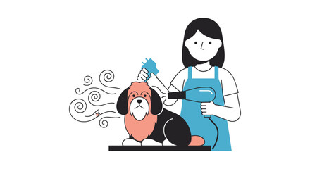 An illustrated scene depicts a woman grooming a fluffy dog with a hairdryer, showcasing pet care and professional animal styling in a clean, minimalistic style.