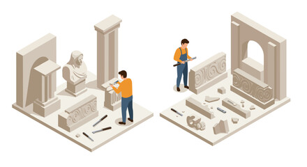 Isometric artisans crafting classical sculptures and architectural elements