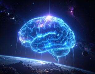 Digital Brain Visualization with Blue Glowing Particles Over Planet Earth and Galaxy Background Cinematic Lighting and High Detail Rendering