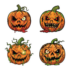 Four spooky halloween pumpkins with scary faces design