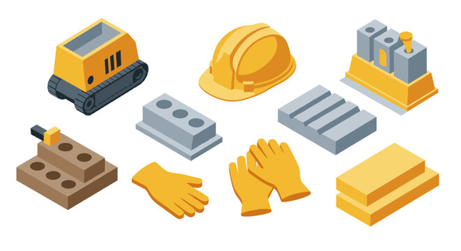 Construction equipment and safety gear in isometric style for modern architectural design
