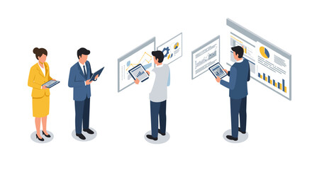 Business team analyzing data with digital devices in isometric office setting