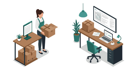 Isometric office workspace with woman managing package deliveries and online orders