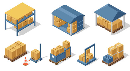 Warehouse storage solutions in isometric style with boxes, pallets, and racks