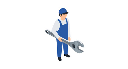 Isometric mechanic holding large wrench: repair and maintenance concept