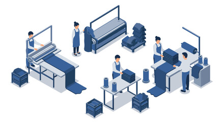 Textile factory process with workers in modern isometric design
