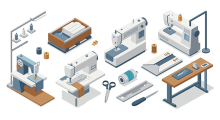 Obraz premium Isometric sewing machines and accessories set for crafting and design projects