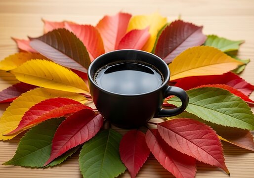 Fresh Black Coffee in a Mug Surrounded by Colorful Autumn Leaves for Cozy Fall Vibes