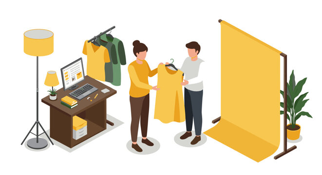 Isometric fashion studio design scene with clothing setup and yellow theme