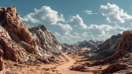 Naklejka premium Serene arid canyon landscape with a path and dramatic cloudy sky view