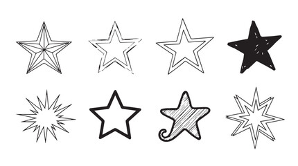 Collection of eight hand drawn star shapes isolated on a for design elements vector