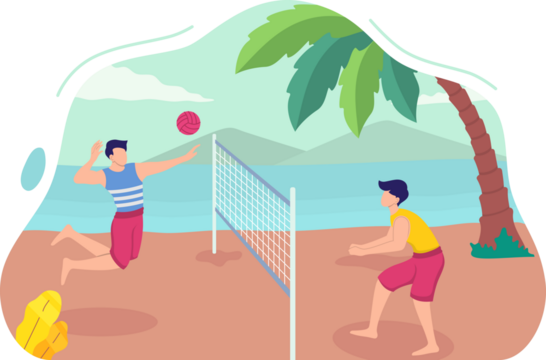 Beach Volleyball Scene with Two Men Palm Tree and Mountains in Background Flat Vector Illustration