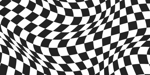 Psychedelic optical background. Abstract chess square illusion. Wavy surface checkered pattern with geometric graphic. Checkerboard warped print. Y2k design for banner.eps 10