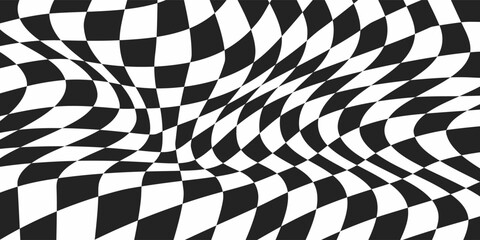 Obraz premium Psychedelic optical background. Abstract chess square illusion. Wavy surface checkered pattern with geometric graphic. Checkerboard warped print. Y2k design for banner.eps 10