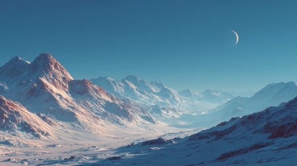 Frozen Peaks Under a Faint Crescent Moon with Blue Sky Overhead