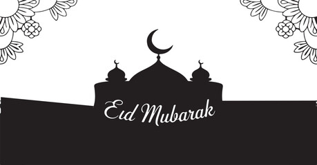 Eid mubarak silhouette with mosque and floral art