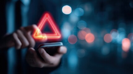 Hand holding a glowing red triangle warning symbol against a blurred background