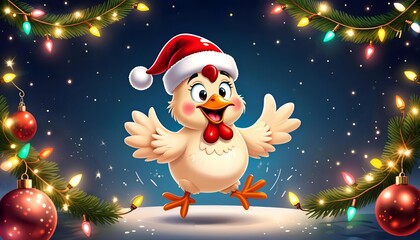 a chicken in a Santa Claus hat