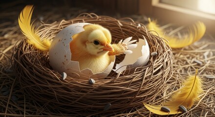 Newly Hatched Chick Peeking from Shell in Nest, Sunlit Window.