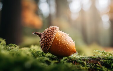 Close-up view of a single acorn resting on vibrant green moss in a peaceful forest setting