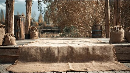 Burlap rug on wooden planks, rustic setting with burlap sacks and barrels