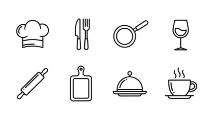 Set of eight hand-drawn kitchen and food icons representing cooking and dining essentials vector
