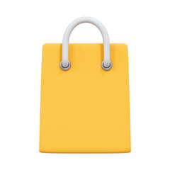 3D yellow shopping bag with white handles isolated on white background, minimal retail concept