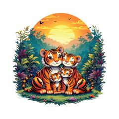 Cute cartoon Tiger family (parents and two cubs) sitting happily in a vibrant, colorful jungle sunset scene. Wild Animals.