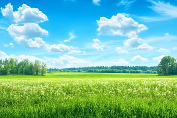 Obraz premium Lush green meadow with white flowers under stunning blue sky