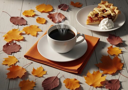 Cozy Autumn Scene with Hot Coffee and Falling Leaves for Seasonal Promotion