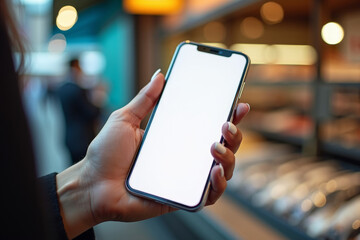 Hand use mobile phone with blank screen, blurred store in background. Online shopping. AI